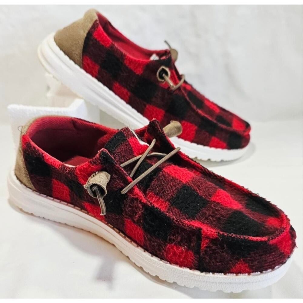 Hey Dude Wendy Buffalo Plaid Women's Slip-On Shoes Size 7 Red Black Comfort